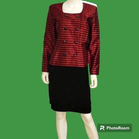 VTG POSITIVE ATTITUDE 1990s Oxblood Satin Velvet Stripe Double Breast Skirt Set - Picture 1 of 10
